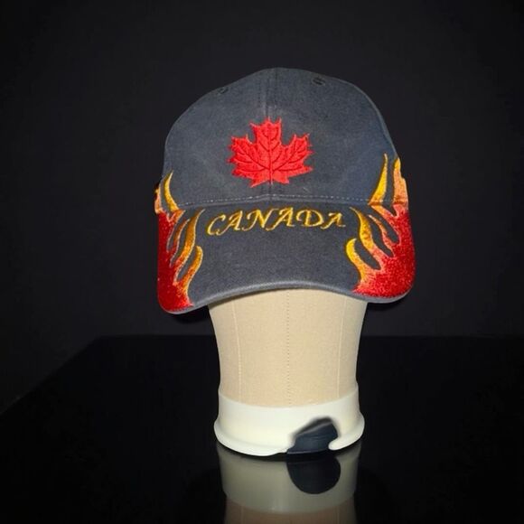 Vintage Inetol 1990s Red Flame Canadian Maple Leaf Black Trucker Adjustable Hat - Picture 1 of 10